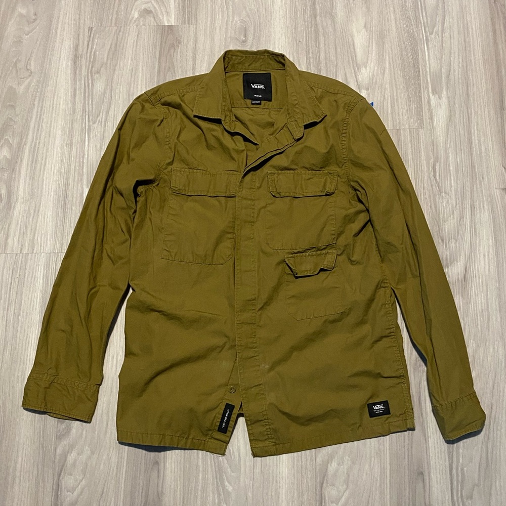 Vans Button Up Shirt Olive Green Size Medium 3 Pocket